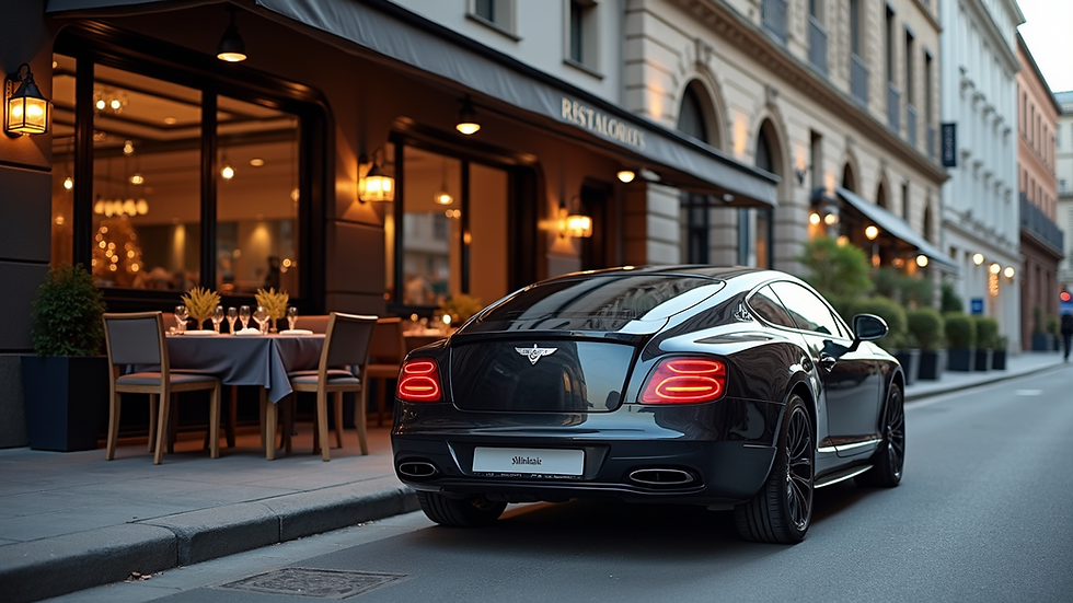 Eye-level view of a luxury car parked outside a high-end restaurant in Bucharest