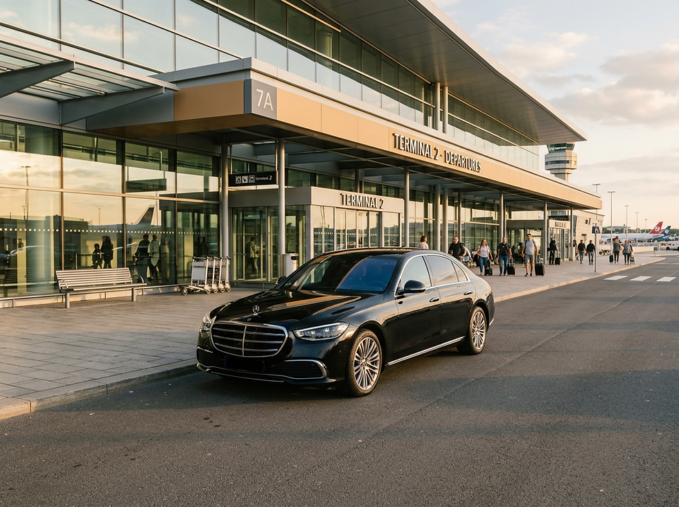 Eye-level view of a luxury black sedan parked outside an airport terminal