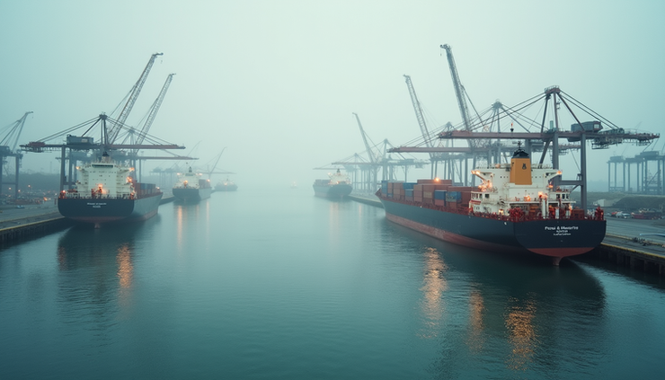 Eye-level view of the Port of Constanța with cargo ships docked and cranes in operation