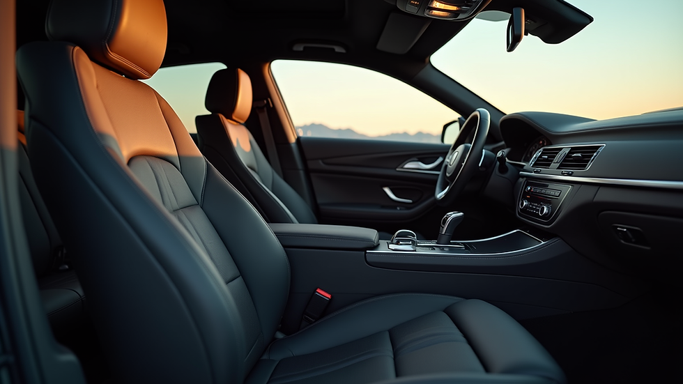 Close-up view of luxury car interior with leather seats and ambient lighting