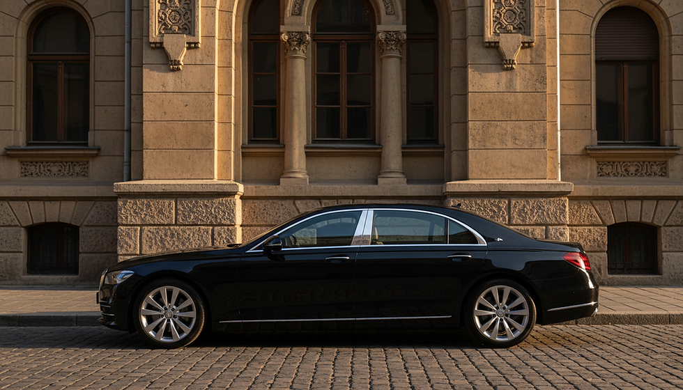 Eye-level view of a luxury black car parked in front of a historic Romanian building