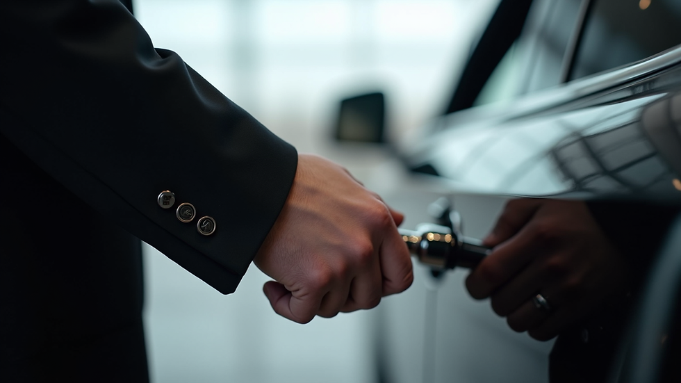 Close-up view of a chauffeur’s hand on a luxury car door handle at a private jet terminal