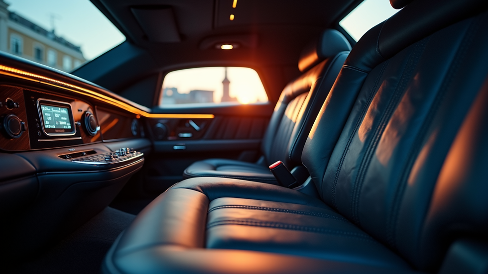 Close-up view of a luxury limousine interior with leather seats and ambient lighting
