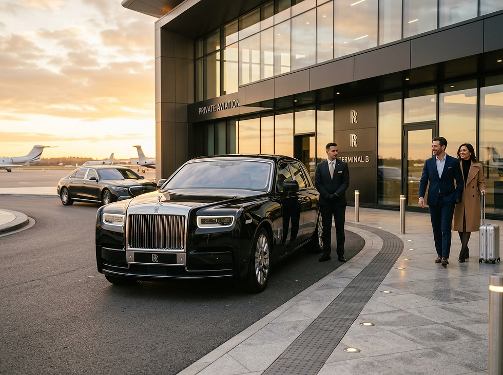 Eye-level view of a luxury black Rolls Royce parked at an airport terminal