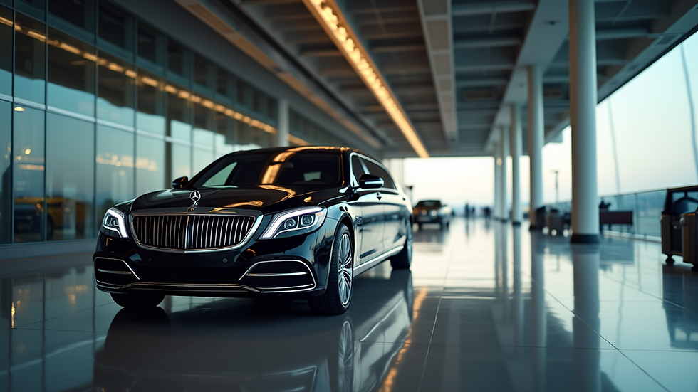 Eye-level view of a luxury black limousine parked at an airport terminal