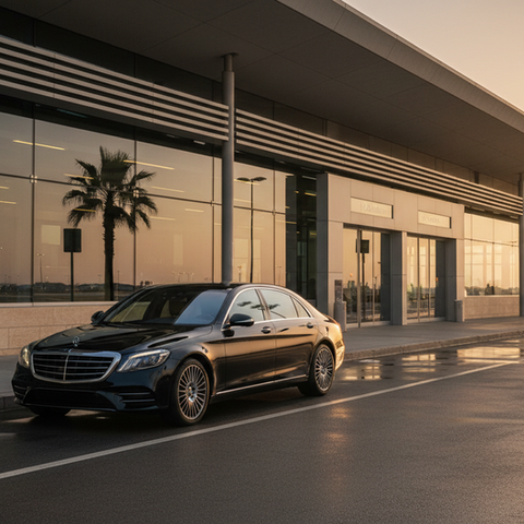 Eye-level view of a luxury black sedan parked outside a modern airport terminal