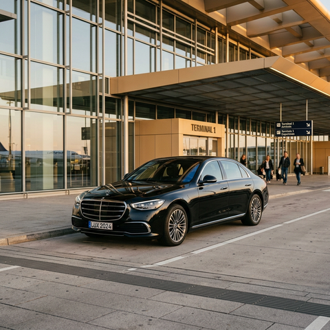 Eye-level view of a luxury black sedan parked outside a modern airport terminal