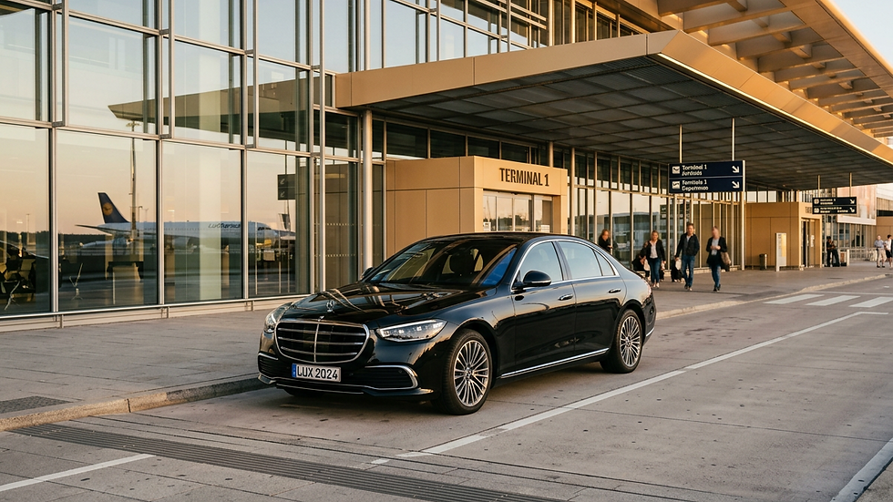 Eye-level view of a luxury black sedan parked outside a modern airport terminal
