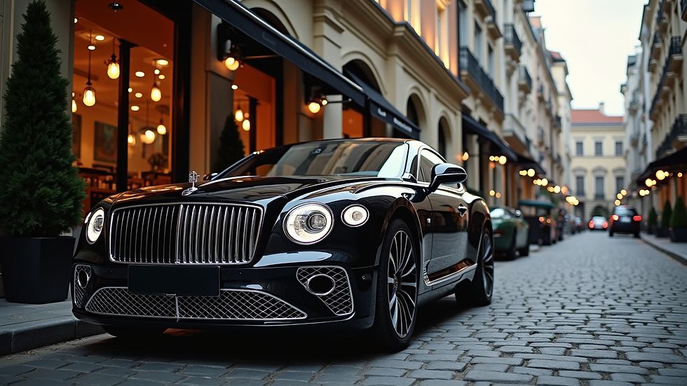 Eye-level view of a luxury car parked outside a stylish Bucharest restaurant