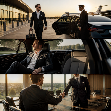 Wide angle view of a VIP Class luxury vehicle parked at Tiriac Air Terminal