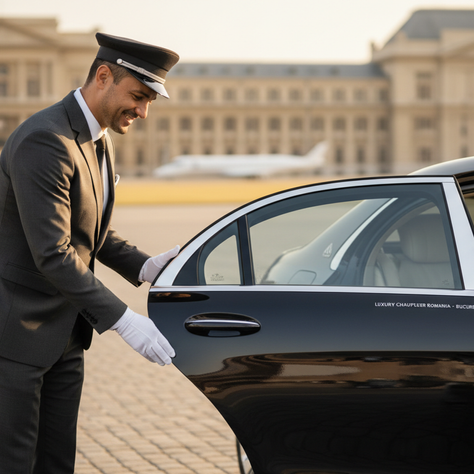 Professional chauffeur opening car door for VIP client