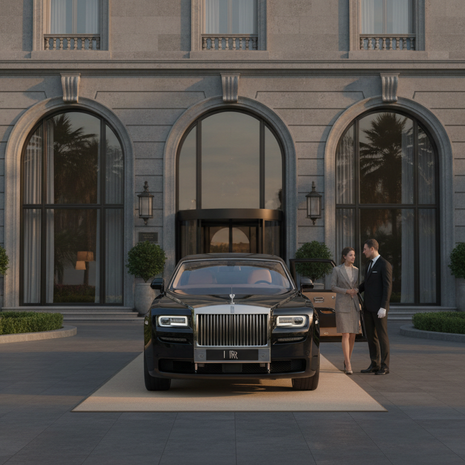 Eye-level view of a luxury black limousine parked outside a grand hotel entrance