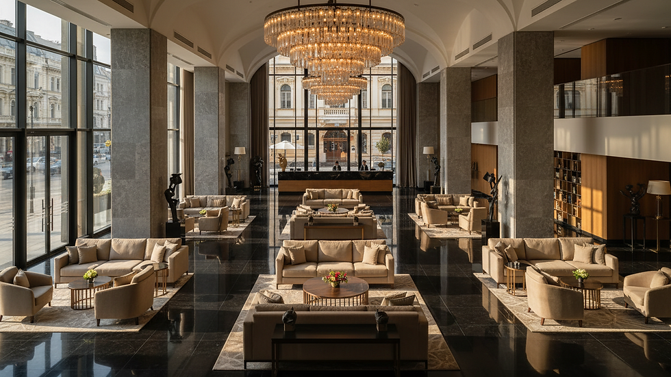 High angle view of a luxury hotel lobby in Bucharest with elegant decor