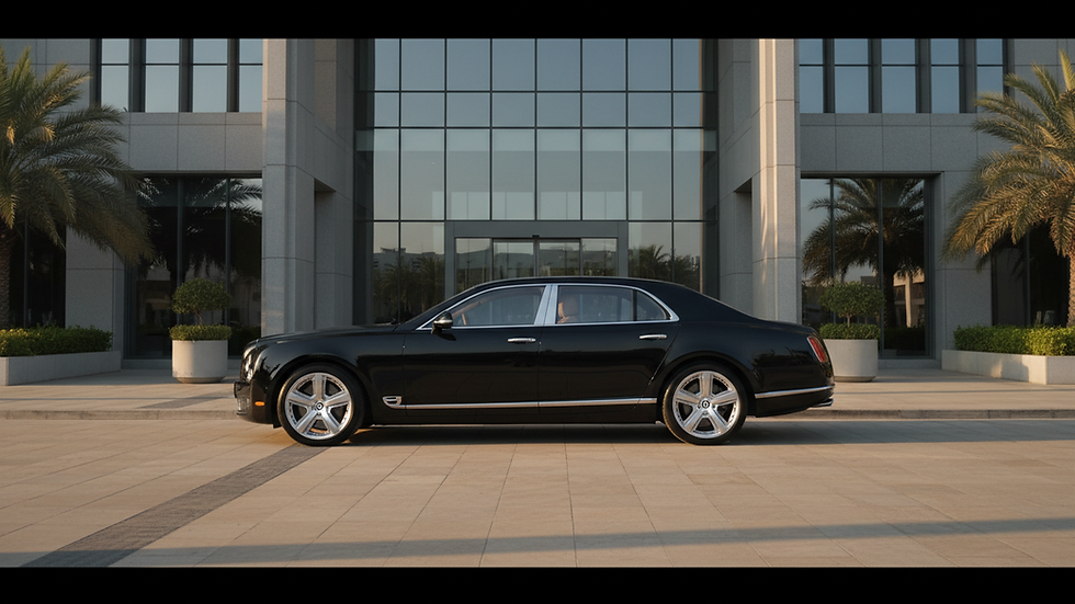 Eye-level view of a luxury black sedan parked in front of a modern building