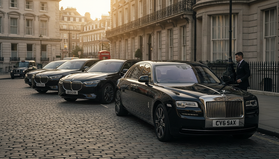 Eye-level view of a luxury black limousine parked on a London street