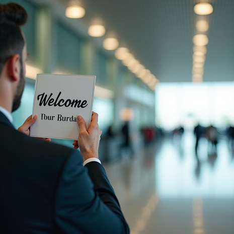 Eye-level view of a chauffeur holding a personalized welcome sign at Otopeni Airport arrivals