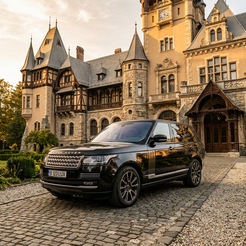 Eye-level view of a luxury black SUV parked in front of a historic Romanian castle