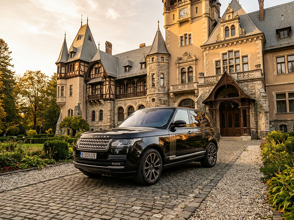 Eye-level view of a luxury black SUV parked in front of a historic Romanian castle