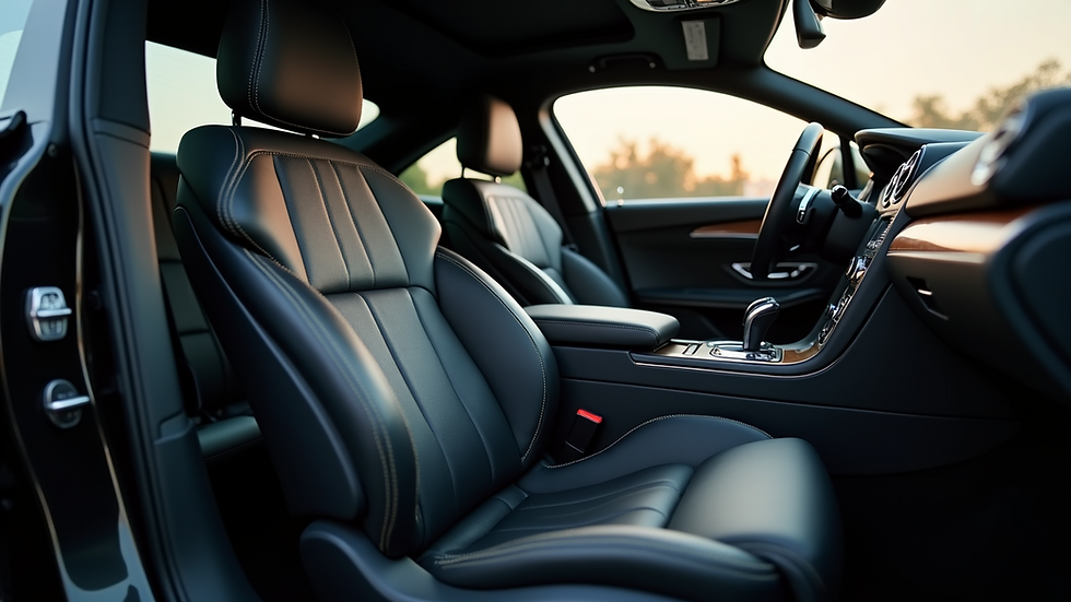Close-up view of a luxury car interior with fine leather seats