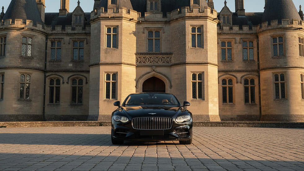 Eye-level view of a luxury car parked in front of a historic castle