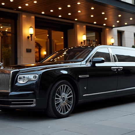 Eye-level view of a sleek black luxury limousine parked in front of a grand hotel entrance in London