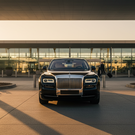 Eye-level view of a luxury black car parked outside an airport terminal