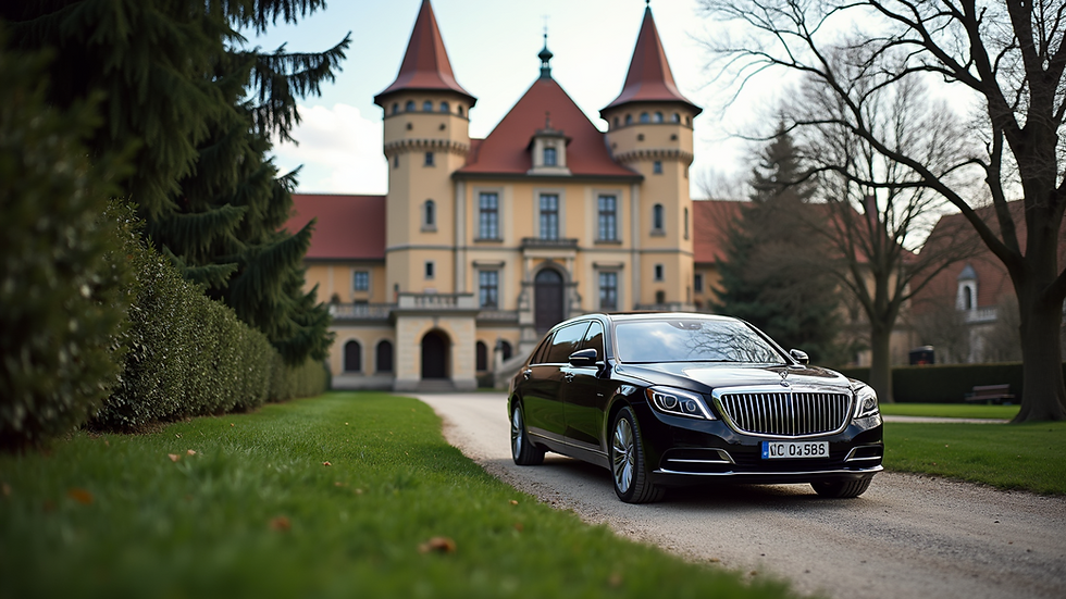 Eye-level view of a luxury black limousine parked outside a historic Romanian castle