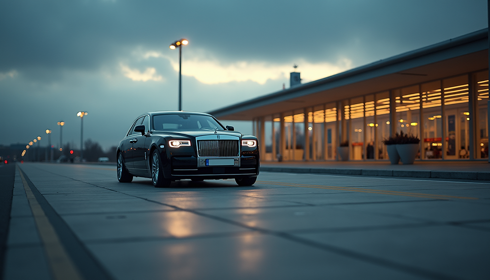 Eye-level view of luxury car waiting outside Bucharest Otopeni Airport VIP terminal