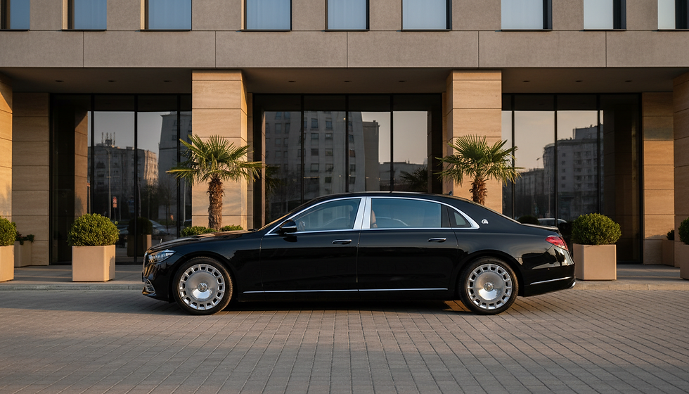 Eye-level view of a luxury black sedan parked in front of a modern Bucharest building