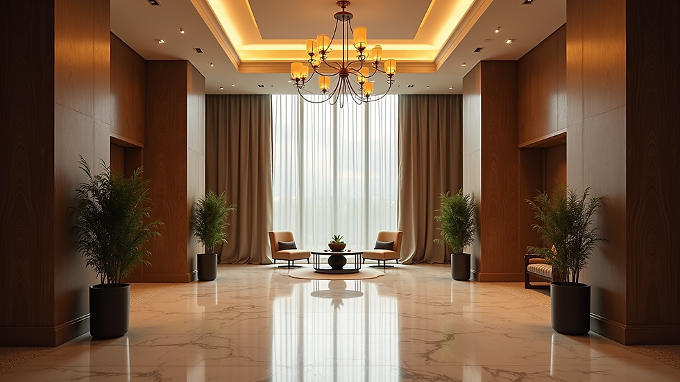 High angle view of a luxury hotel lobby in Bucharest with elegant decor