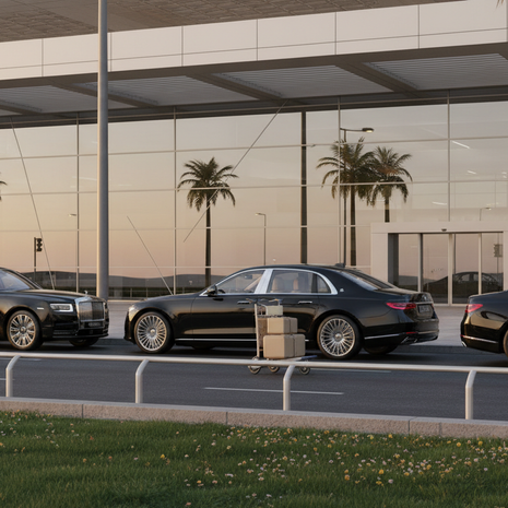 Eye-level view of a luxury black limousine parked outside a modern airport terminal