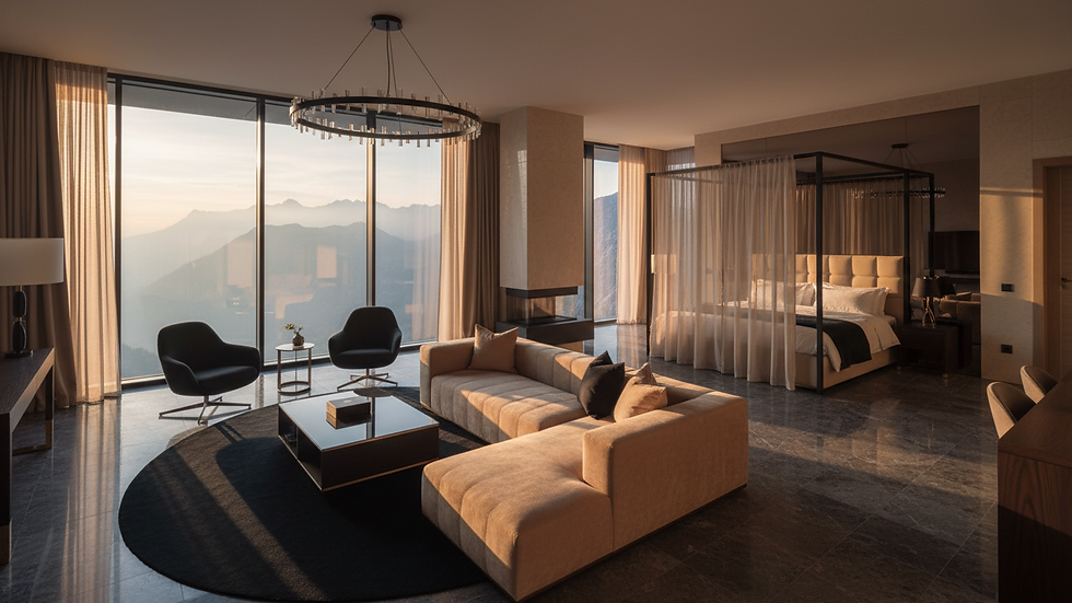 High angle view of a luxury hotel suite with panoramic views of the Carpathian Mountains