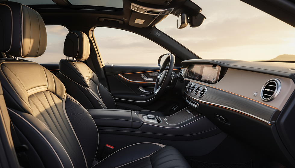 Close-up view of a luxury car interior with leather seats and ambient lighting