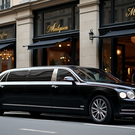 Eye-level view of a sleek black luxury limousine parked outside a Mayfair Michelin-starred restaurant