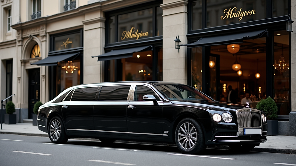 Eye-level view of a sleek black luxury limousine parked outside a Mayfair Michelin-starred restaurant