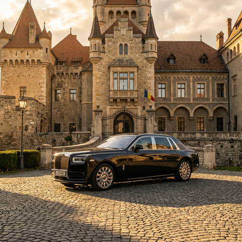 Eye-level view of a luxury car parked in front of a historic Romanian castle