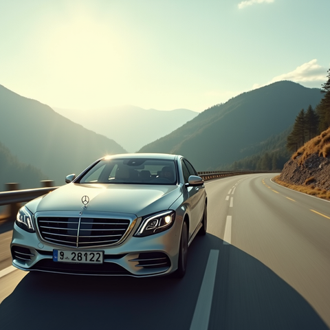 Wide angle view of a luxury vehicle driving through a scenic Romanian mountain road