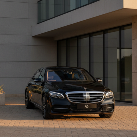 Eye-level view of a luxury black sedan parked in front of a modern building