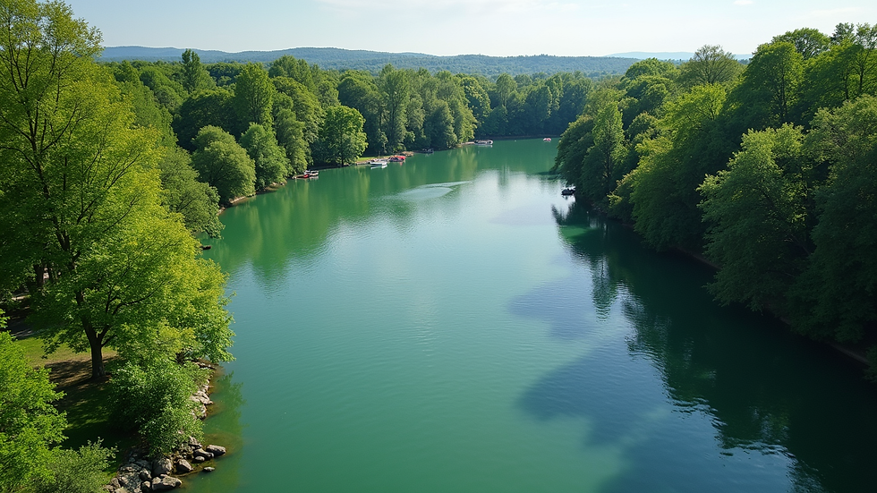 High angle view of Herastrau Park lake with boats and green trees