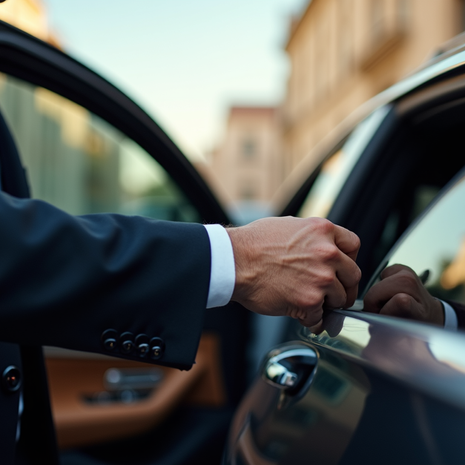 Eye-level view of a luxury chauffeur opening a car door for a client