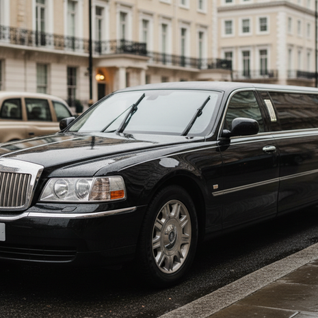 Eye-level view of a luxury black limousine parked at a London street
