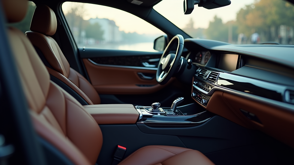Close-up view of a luxury car interior with leather seats and advanced controls
