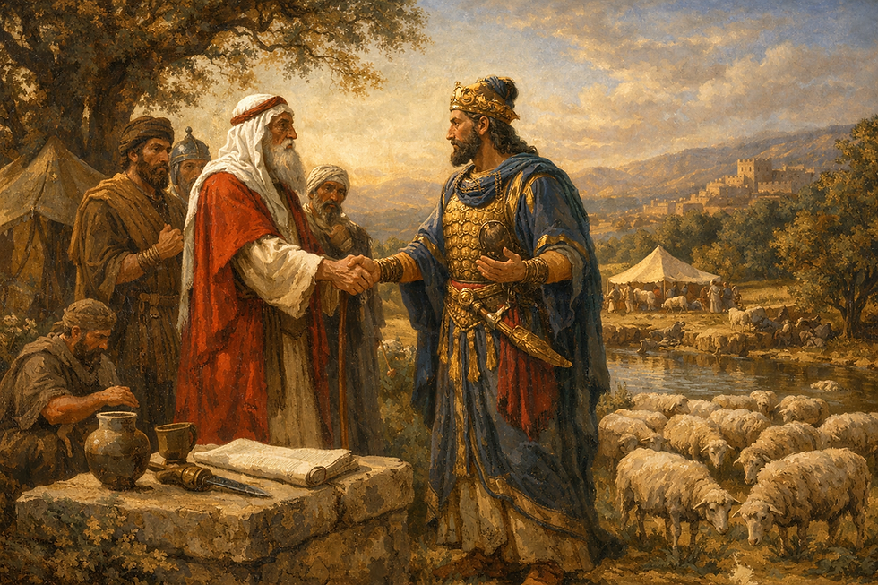 A depiction of Abraham and Abimelech clasping hands in a solemn treaty ceremony, surrounded by pastoral elements including grazing sheep, a stone altar with ceremonial objects, and a golden-hued encampment. The scene evokes harmony, legacy, and mythic diplomacy.