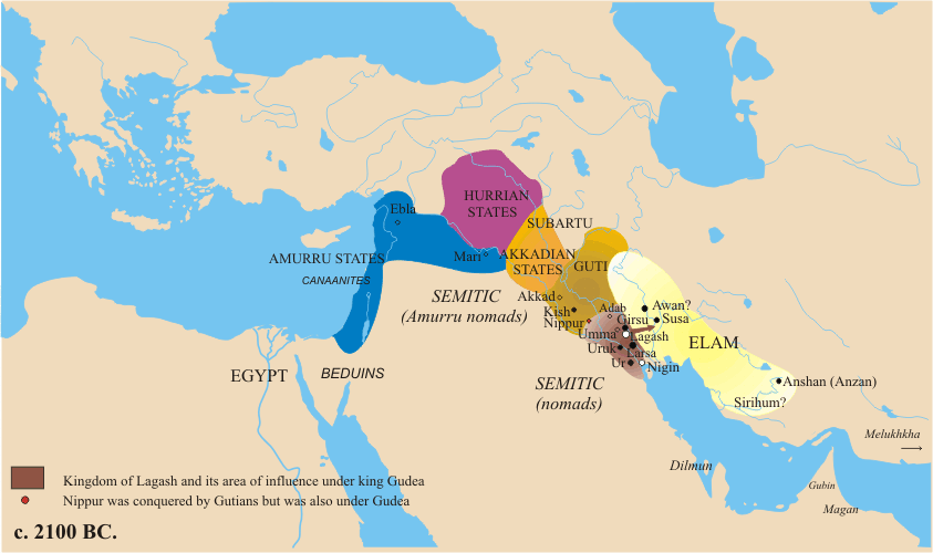 A historical map of ancient Mesopotamia around 2100 BCE, showing major cities including Ur near the Euphrates River, along with surrounding regions and cultural groups.