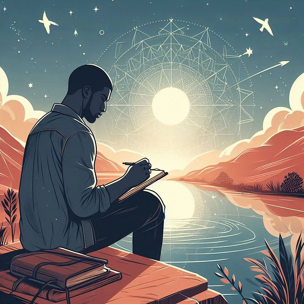 Man writing by a serene lake with sunset, birds, and cosmic patterns in the sky. Warm colors evoke a sense of inspiration and peace.