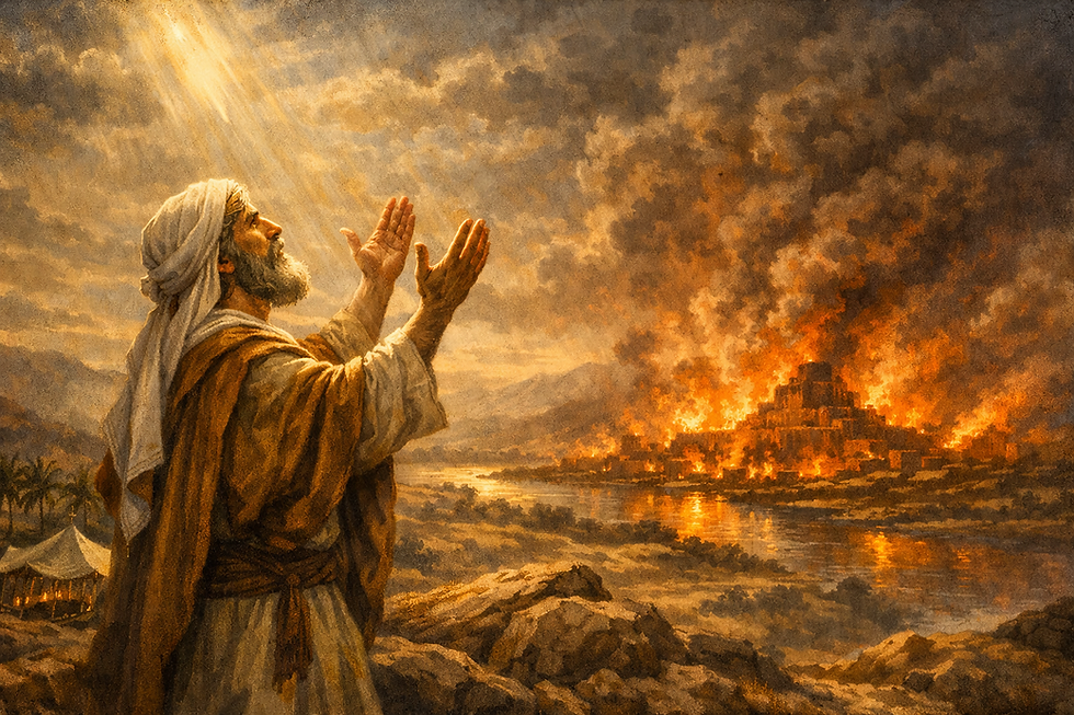 A depiction of Abraham standing on a rocky hill, raising his hands to the sky in prayer as he implores God to spare Sodom and Gomorrah. In the distance, the cities are engulfed in flames under a sky filled with smoke and divine light.
