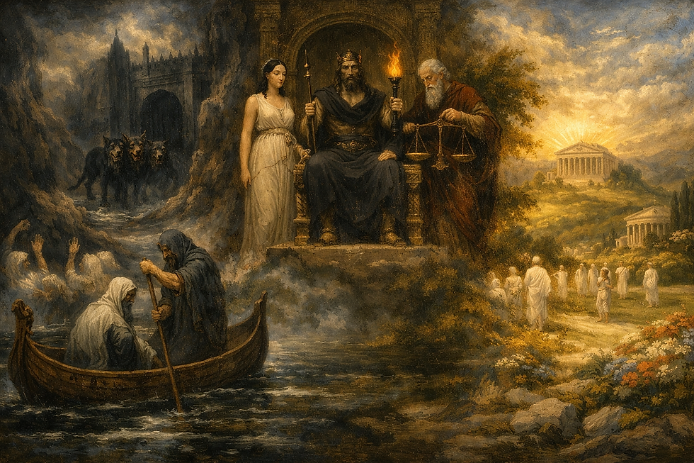 Illustration of the Ancient Greek afterlife. On the left, Charon ferries a cloaked soul across the dark river Styx in a wooden boat, surrounded by reaching spirits and jagged rocks. Cerberus guards the shadowy gates of Hades in the background. At center, Hades sits enthroned with a scepter, flanked by Persephone holding a torch and a judge weighing the soul’s fate. On the right, the Elysian Fields glow with golden light — souls in white robes walk among flowers and classical temples under a radiant sky.
