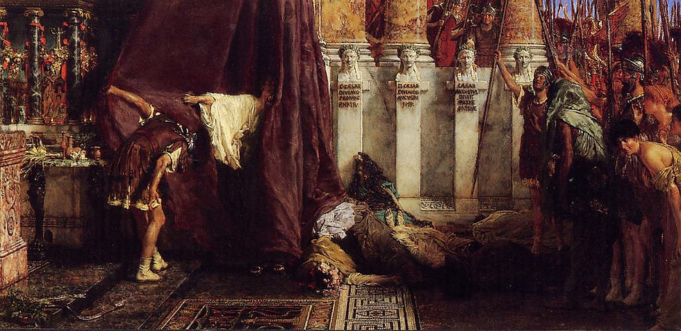 A dramatic classical painting by Lawrence Alma‑Tadema depicting a Roman interior with marble columns, statues, and richly dressed figures. A man pulls back a heavy curtain to reveal a group gathered around a shrouded body, while soldiers and onlookers react with solemnity and tension. The scene is theatrical and ornate, characteristic of Alma‑Tadema’s romanticized visions of ancient Rome.