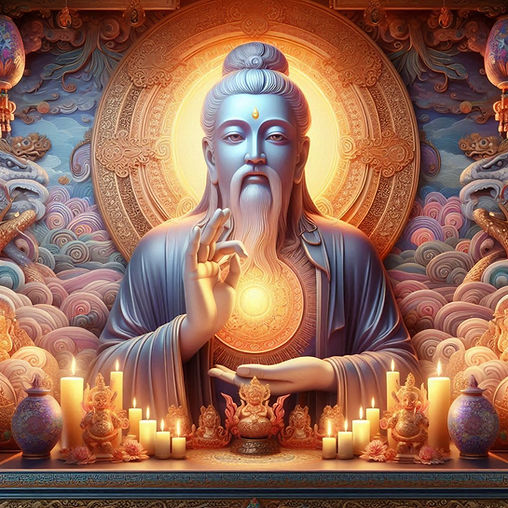 A serene statue with a radiant aura sits in a colorful ornate setting, surrounded by candles and intricate patterns, exuding peace.