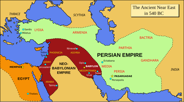 A detailed map of the Ancient Near East around 540 BCE, showing major regions including Egypt, the Levant, Mesopotamia, Anatolia, and Persia. The map highlights key cities, territorial boundaries, and the extent of the Persian Empire shortly after its conquest of Babylon.